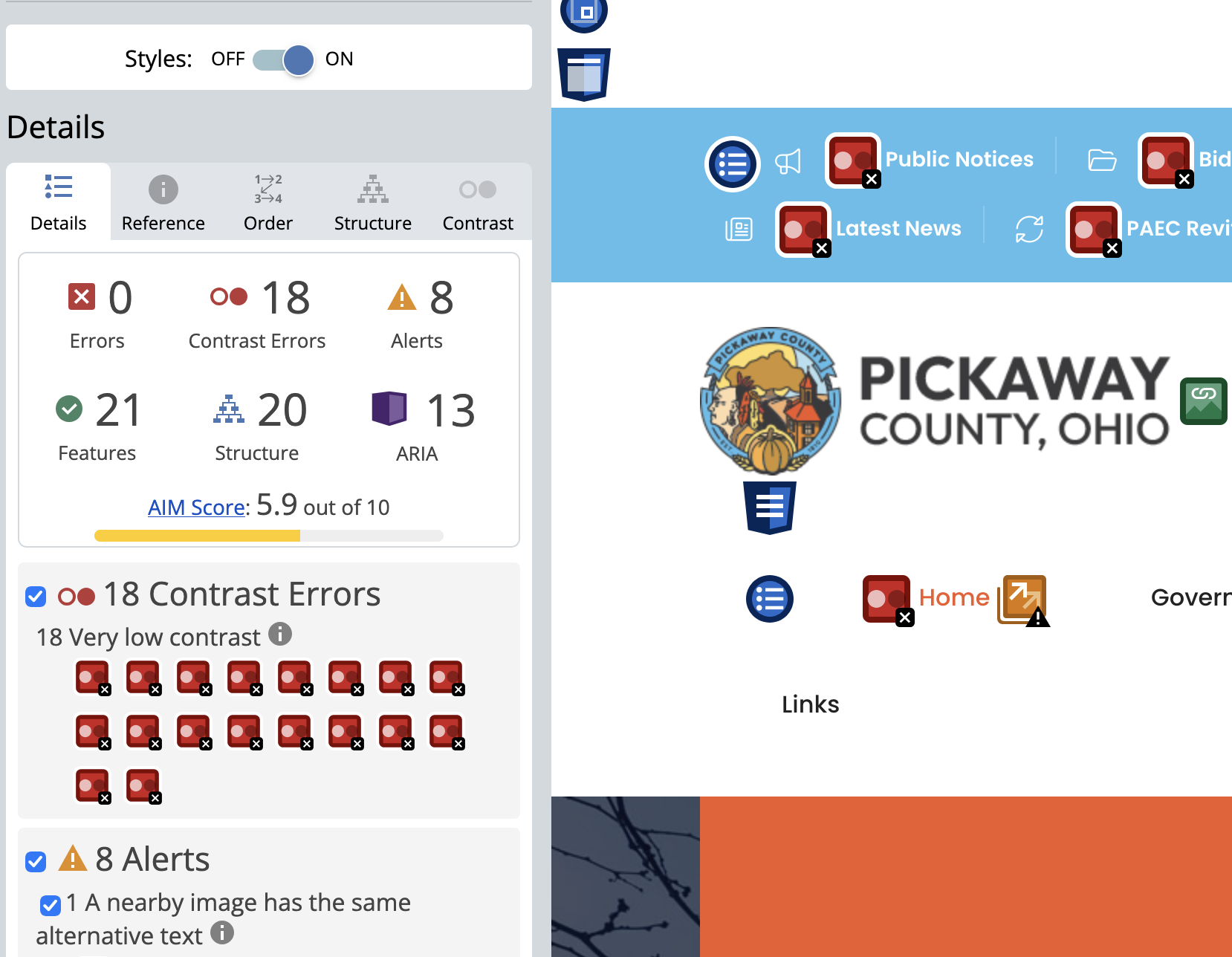 WAVE report for the old Pickaway County homepage showing 18 contrast errors, 8 alerts and an AIM score of 5.9 out of 10